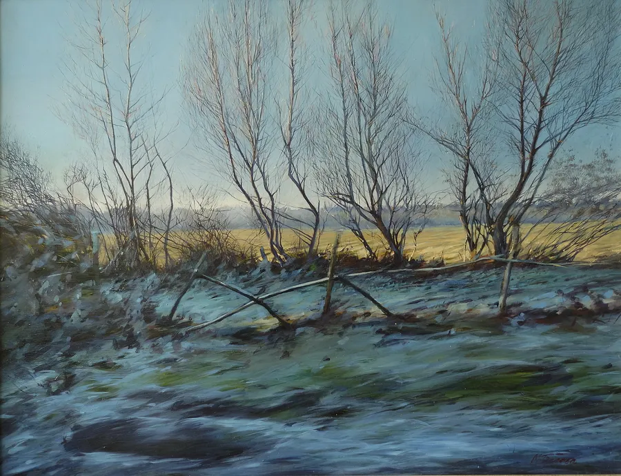 Image of First Frosts. "Impressions" Series. by Maryan Besaga, size: 65Х85 cm, made of oil on canvas, Painting medium, from Ukraine, part of the IMPRESSIONS series, priced at $4000