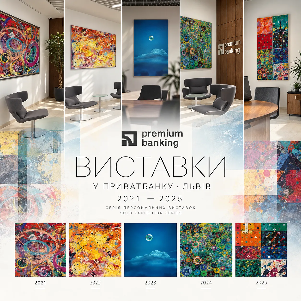 Обкладинка проєкту "ВИСТАВКИ У PRIVATBANK PREMIUM BANKING" від Мар'ян Бесага, проєкт типу SELECTED SOLO EXHIBITIONS, базується у Львів, Україна